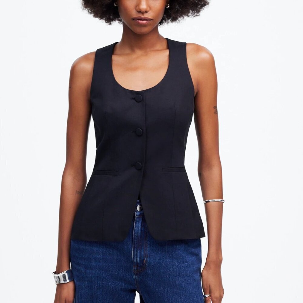 Madewell Scoopneck Cutaway Welt Pockets Vest Drapey Twill Black Size 00/XXS NWT